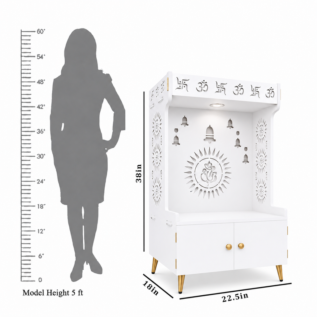 White Wooden Floor Pooja Mandir with Om & Swastik Design Ganesh Laser-Cut Back Panel Bell Motifs & Storage Cabinet