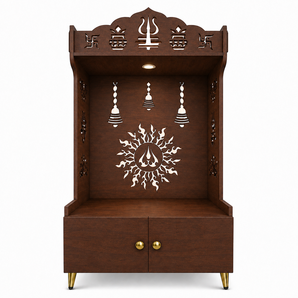 Brown Wooden Floor Pooja Mandir with Trishul & Kalash Design Laser-Cut Bell & Sun Motif Back Panel & Storage Cabinet