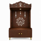 Brown Wooden Floor Pooja Mandir with Trishul & Kalash Design Laser-Cut Bell & Sun Motif Back Panel & Storage Cabinet