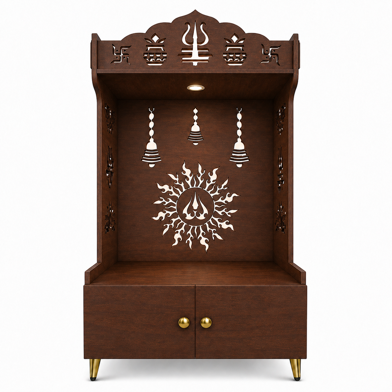 Brown Wooden Floor Pooja Mandir with Trishul & Kalash Design Laser-Cut Bell & Sun Motif Back Panel & Storage Cabinet