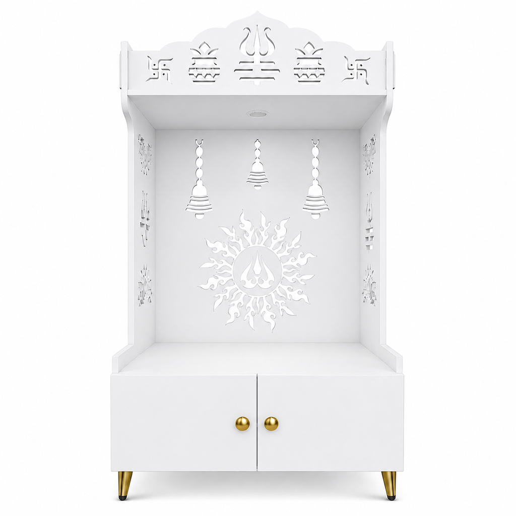 Brown Wooden Floor Pooja Mandir with Trishul & Kalash Design Laser-Cut Bell & Sun Motif Back Panel & Storage Cabinet