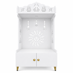 Brown Wooden Floor Pooja Mandir with Trishul & Kalash Design Laser-Cut Bell & Sun Motif Back Panel & Storage Cabinet