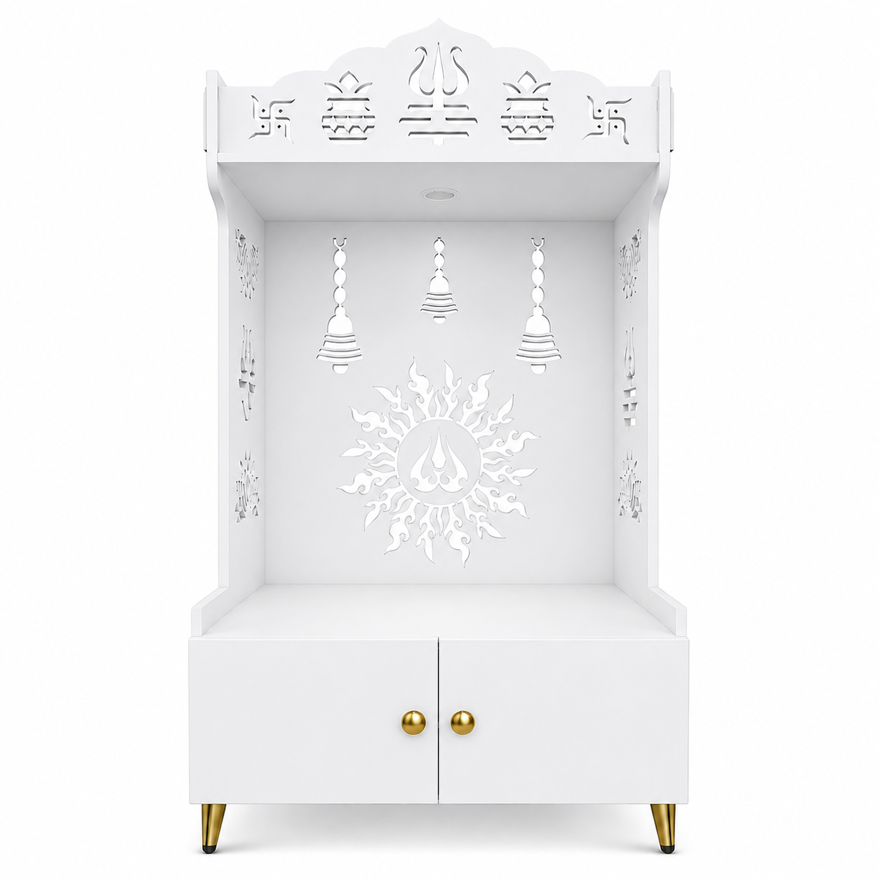 Brown Wooden Floor Pooja Mandir with Trishul & Kalash Design Laser-Cut Bell & Sun Motif Back Panel & Storage Cabinet