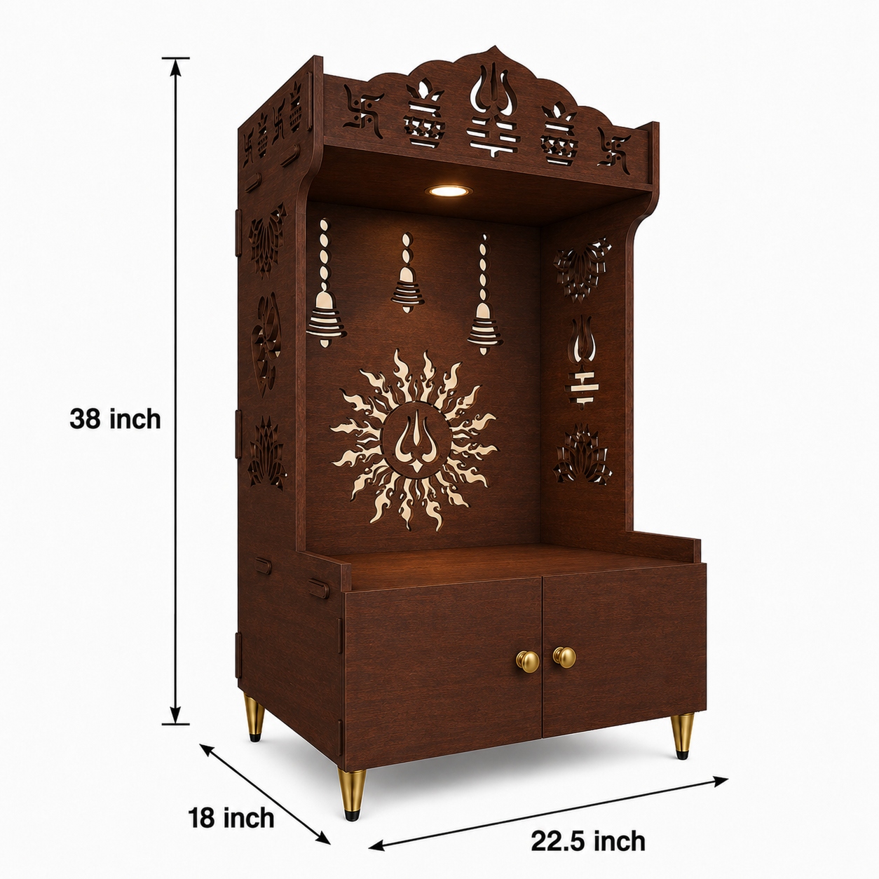 Brown Wooden Floor Pooja Mandir with Trishul & Kalash Design Laser-Cut Bell & Sun Motif Back Panel & Storage Cabinet