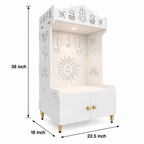 Brown Wooden Floor Pooja Mandir with Trishul & Kalash Design Laser-Cut Bell & Sun Motif Back Panel & Storage Cabinet