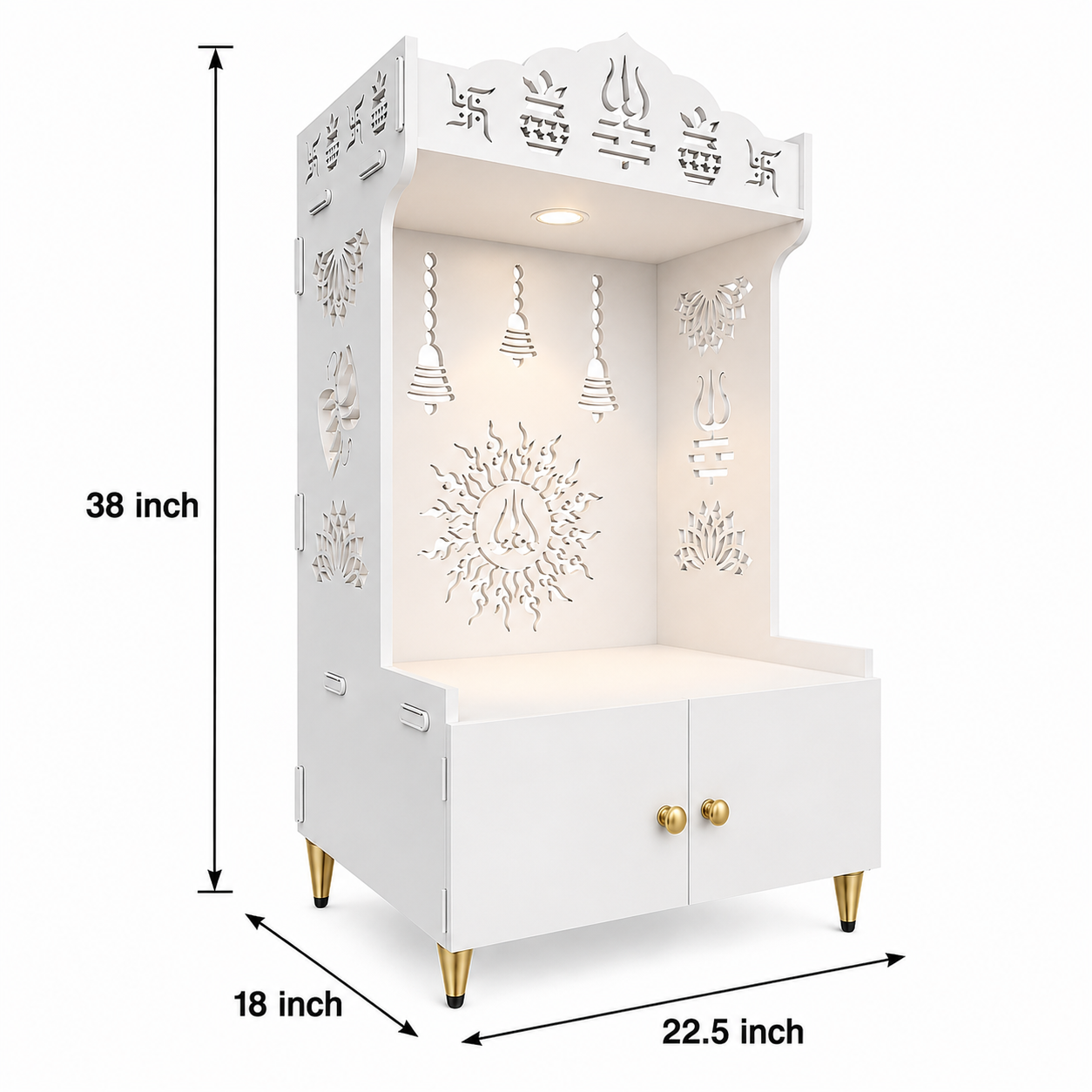 Brown Wooden Floor Pooja Mandir with Trishul & Kalash Design Laser-Cut Bell & Sun Motif Back Panel & Storage Cabinet