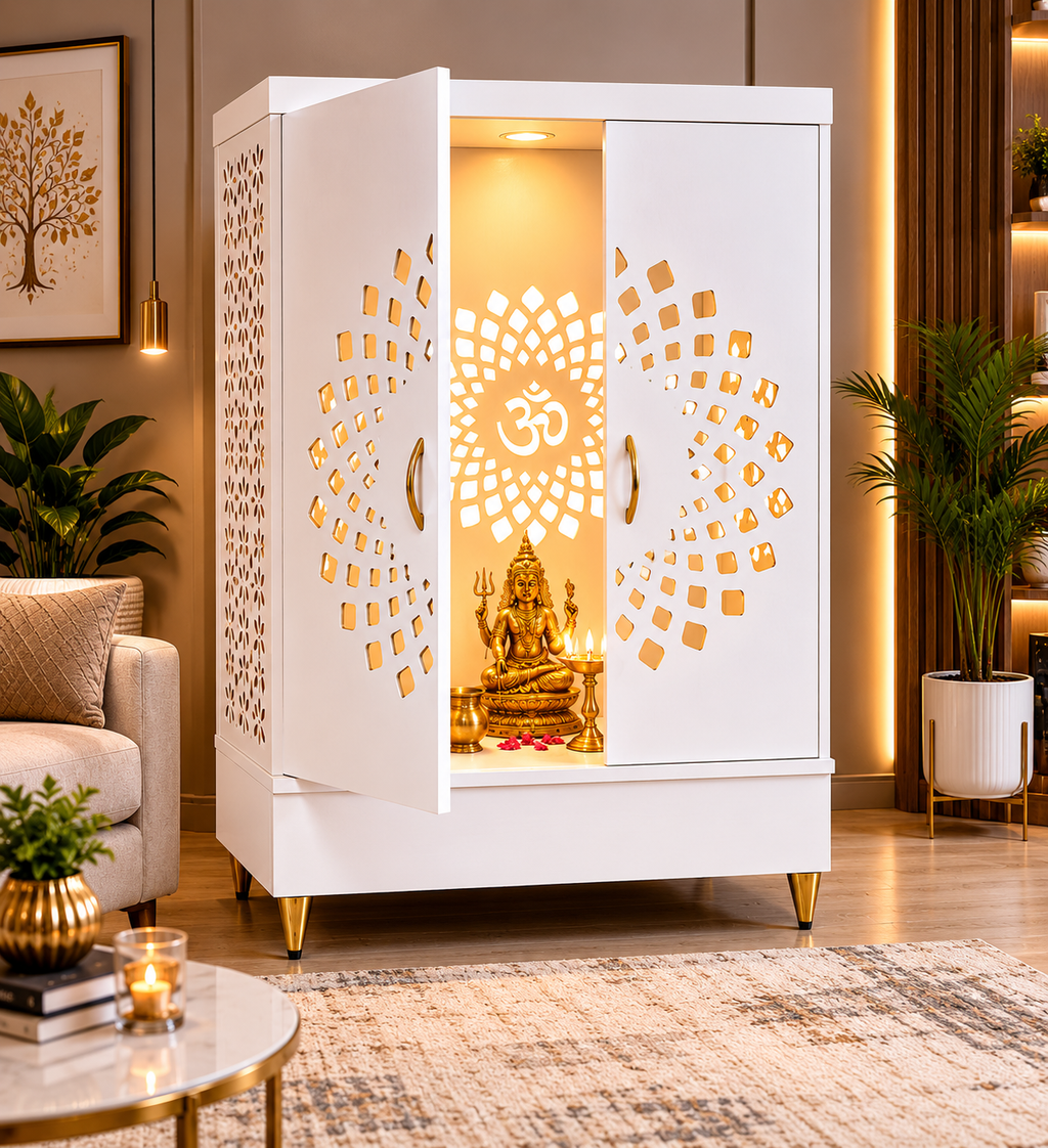 Contemporary Wooden Temple with Illuminated Om and Side Panels