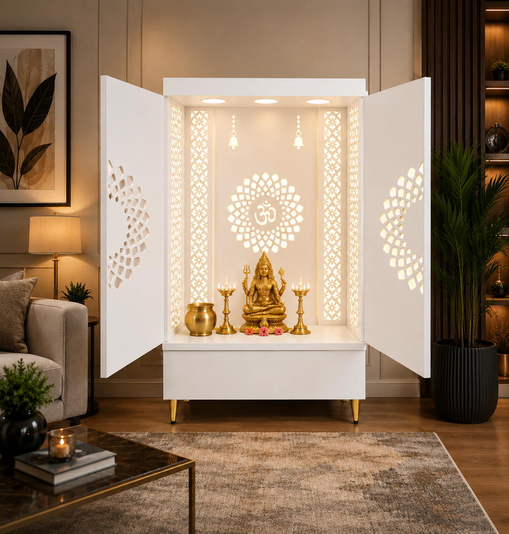 Contemporary Wooden Temple with Illuminated Om and Side Panels