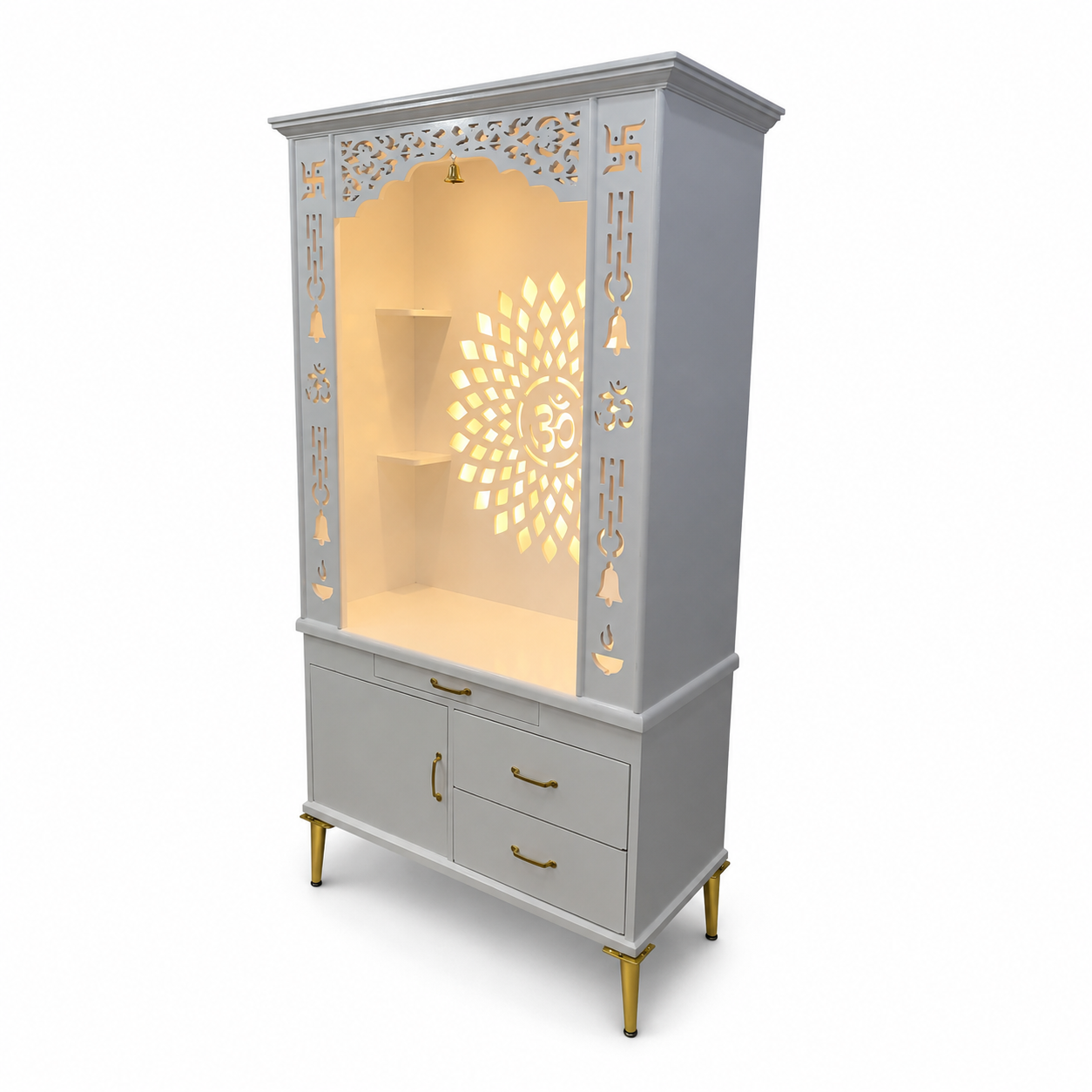 Gorgeous White Wooden Temple with OM LED Back Panel & Spacious Drawers Storage Cabinet for Home & Office