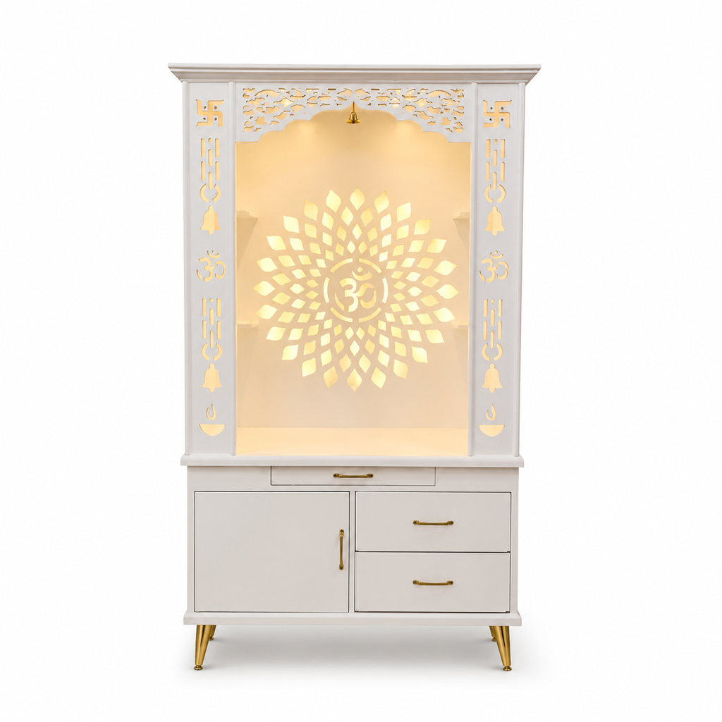 Gorgeous White Wooden Temple with OM LED Back Panel & Spacious Drawers Storage Cabinet for Home & Office