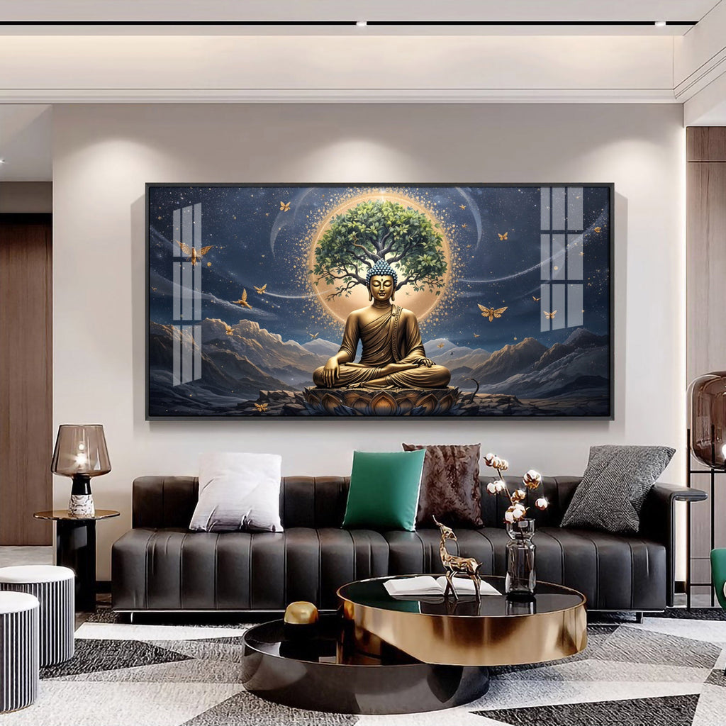 Meditating Buddha In Night Premium Acrylic Horizontal Wall Art
