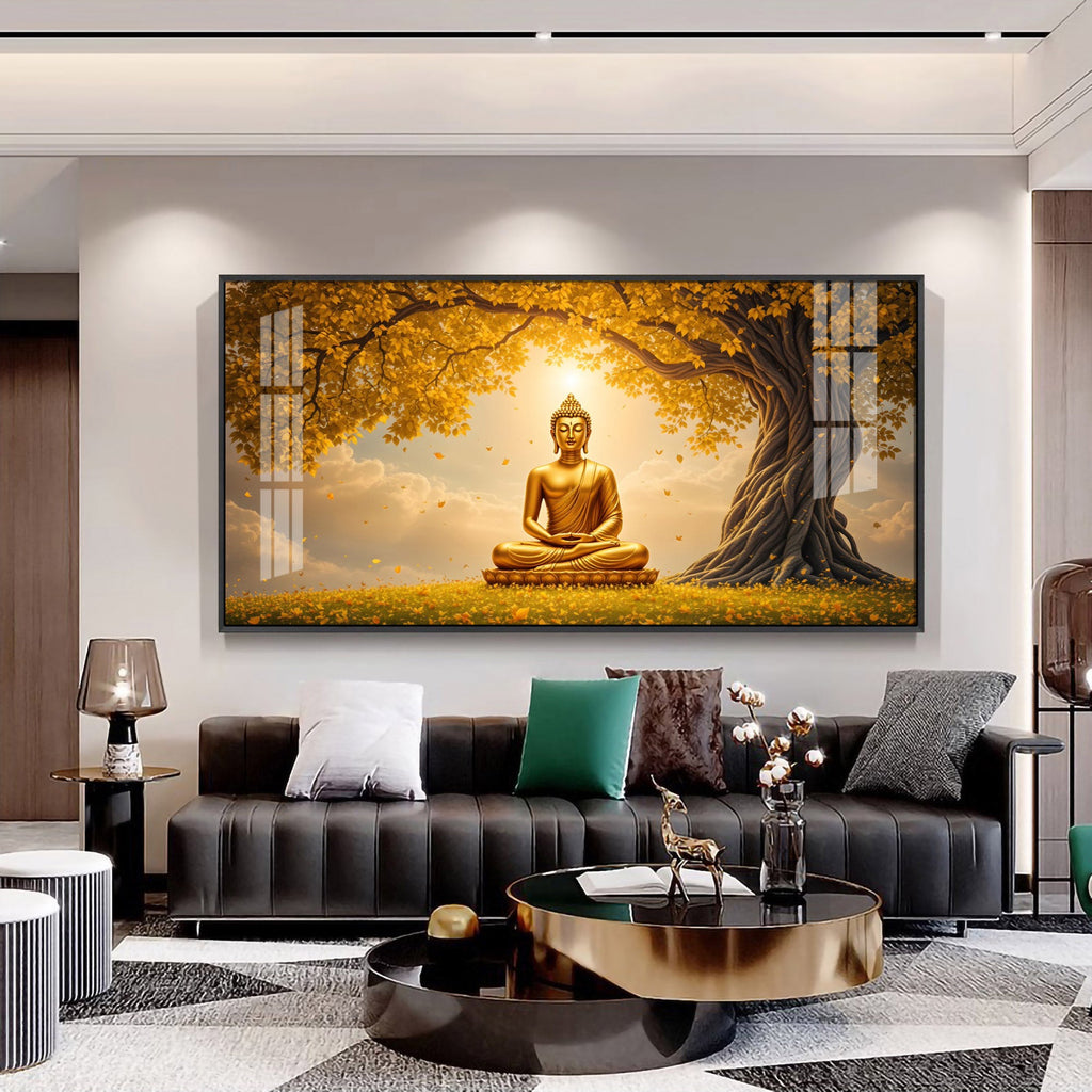 Meditating Buddha Under Goldern Tree Premium Acrylic Horizontal Wall Art
