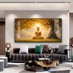 Meditating Buddha Under Goldern Tree Premium Acrylic Horizontal Wall Art