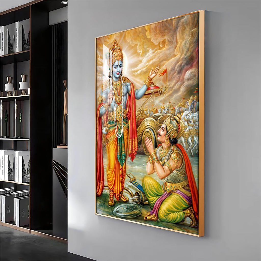 Lord Krishna & Arjuna Premium Acrylic Vertical Wall Art