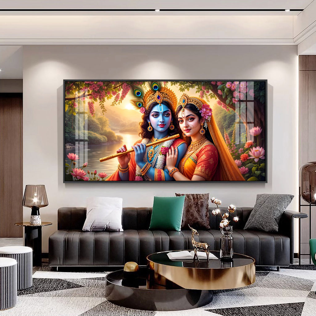 Radha With Krishna Playing Flute Premium Acrylic Horizontal Wall Art