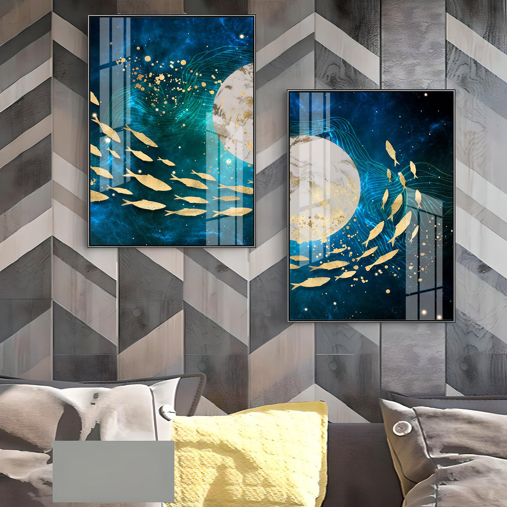 Golden Koi Fish Premium Acrylic Vertical Wall Art (Set Of 2)