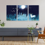 Beautiful White Deer in Full Moon Night Floating Canvas Wall Painting Set of Three - Decor Mantra 