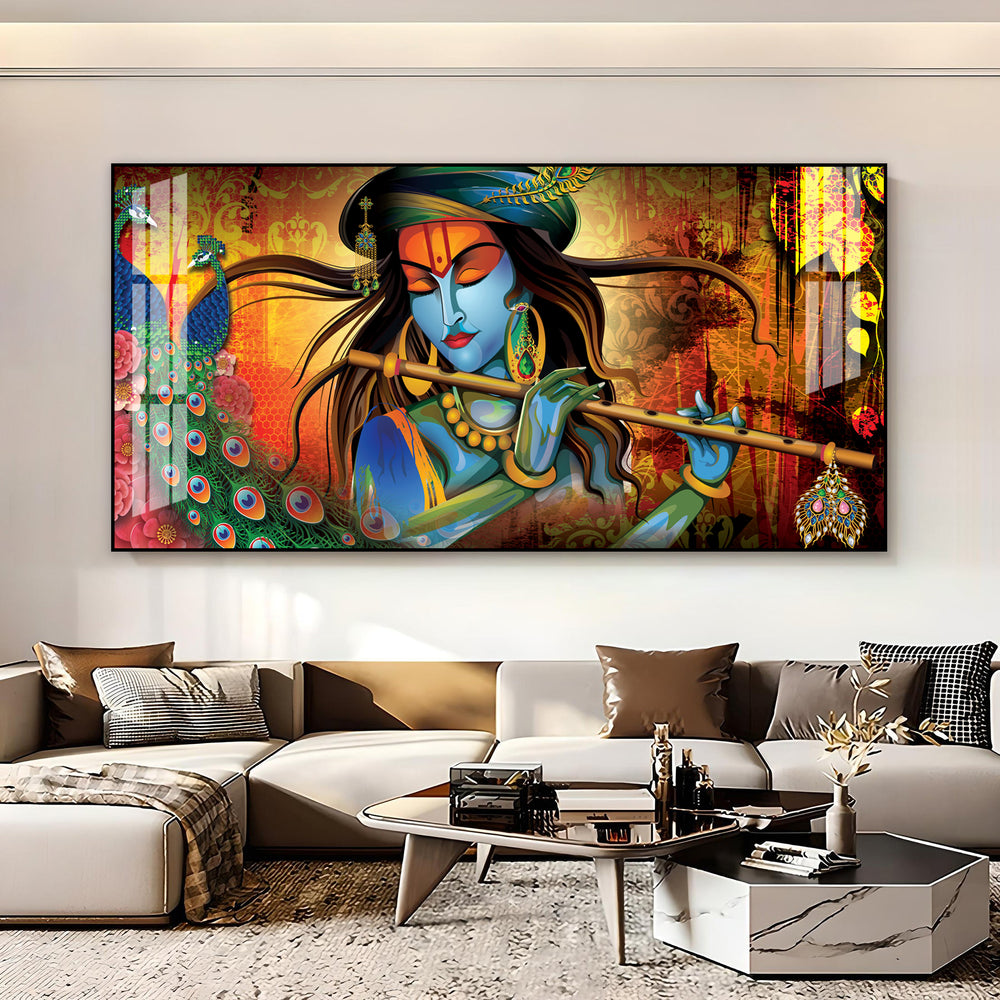 Spiritual Lord Krishna Acrylic Wall Art Canvas With Flute For Living Room Decor