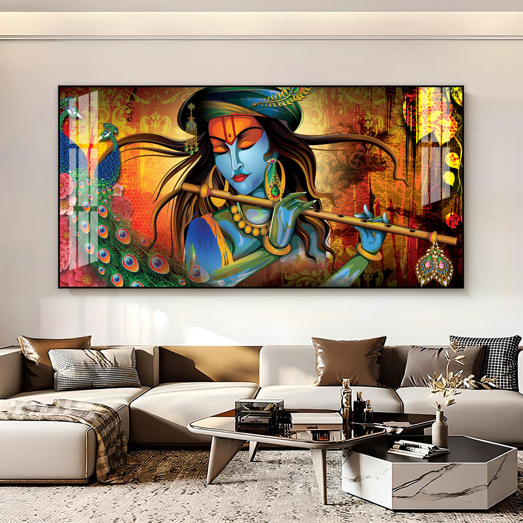 Spiritual Lord Krishna Acrylic Wall Art Canvas With Flute For Living Room Decor