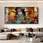 Spiritual Lord Krishna Acrylic Wall Art Canvas With Flute For Living Room Decor