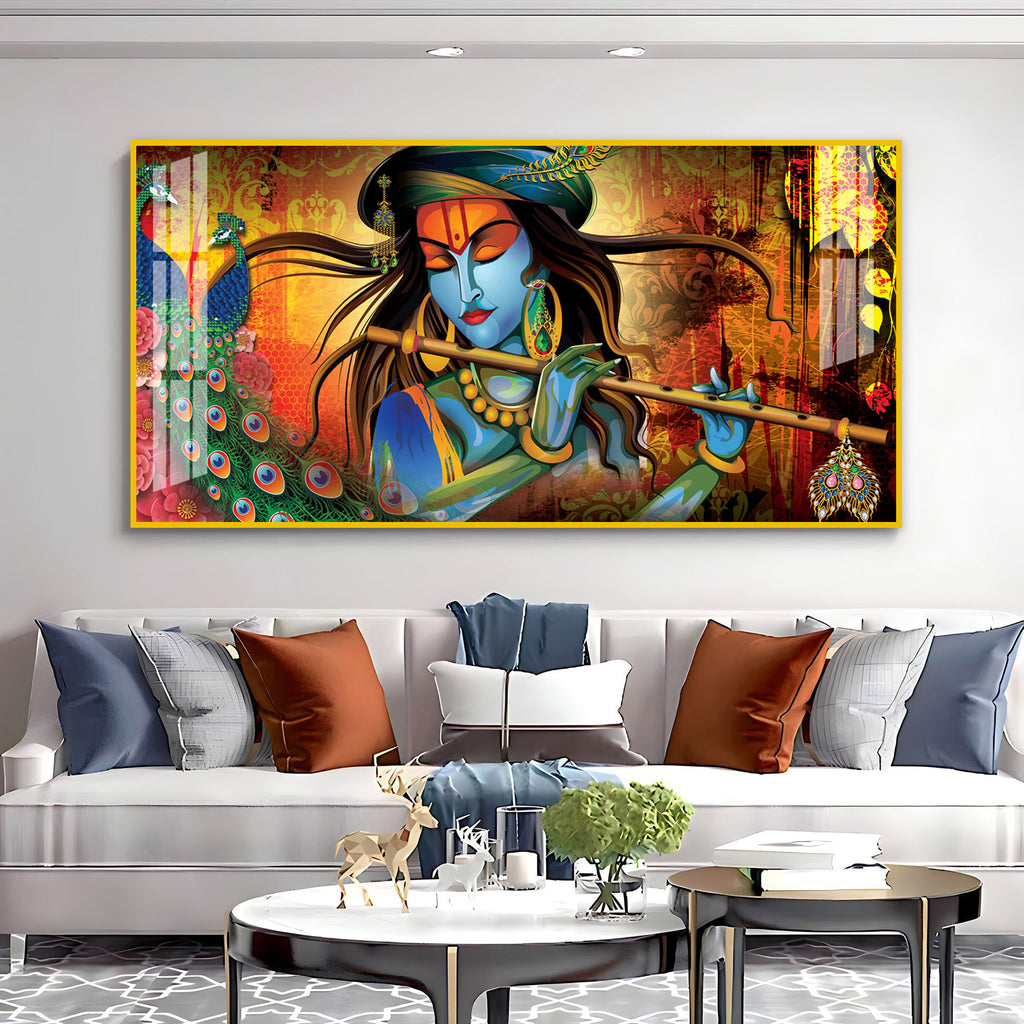 Spiritual Lord Krishna Acrylic Wall Art Canvas With Flute For Living Room Decor