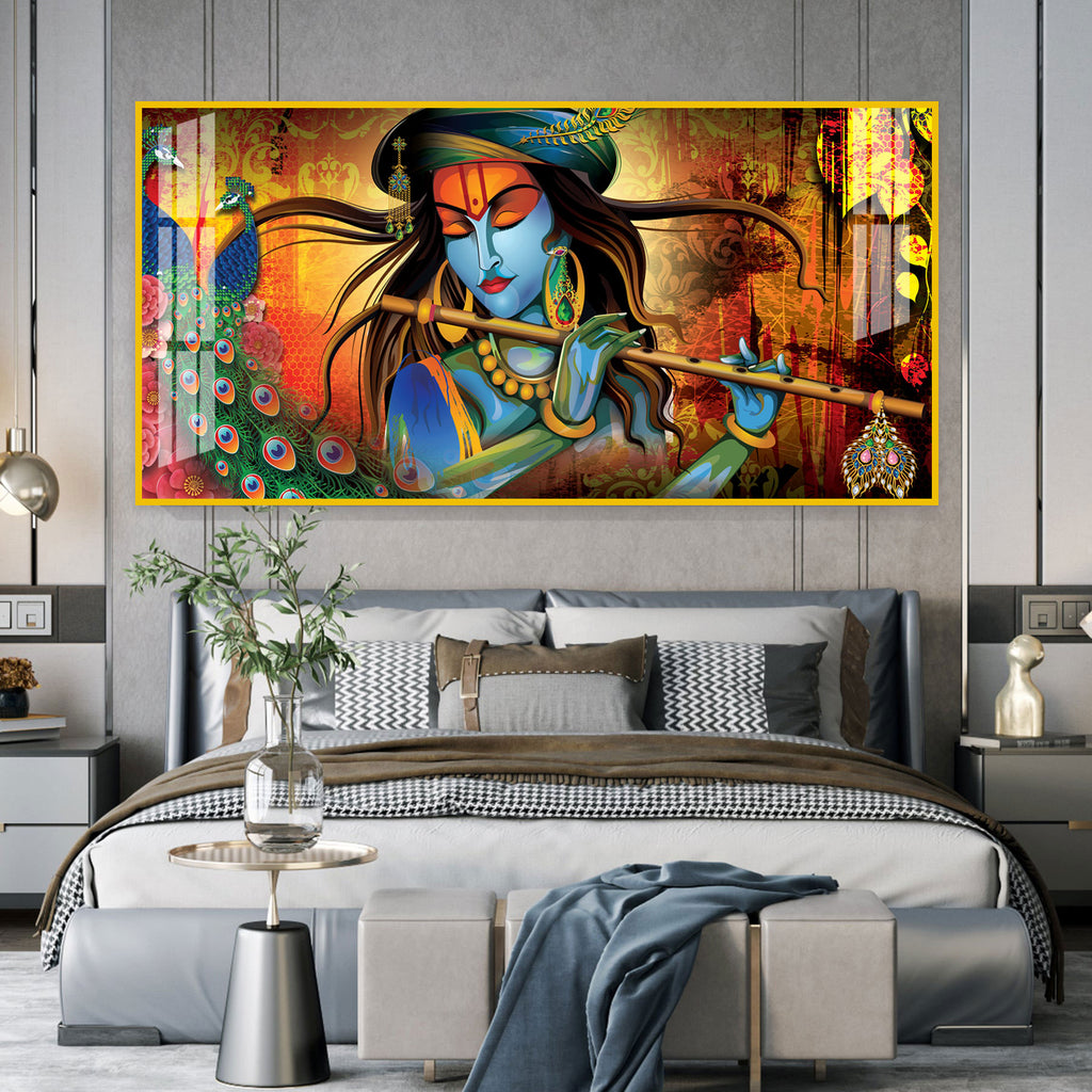 Spiritual Lord Krishna Acrylic Wall Art Canvas With Flute For Living Room Decor