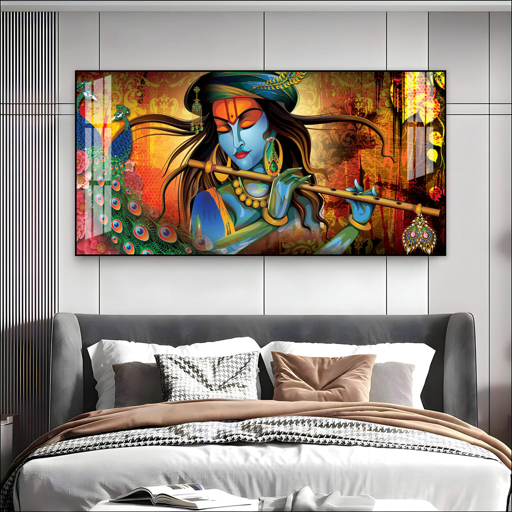 Spiritual Lord Krishna Acrylic Wall Art Canvas With Flute For Living Room Decor