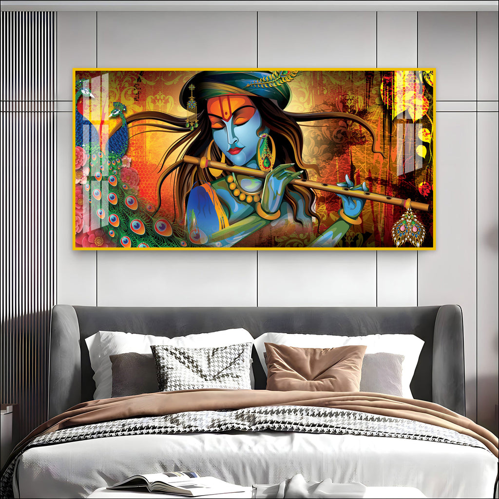 Spiritual Lord Krishna Acrylic Wall Art Canvas With Flute For Living Room Decor