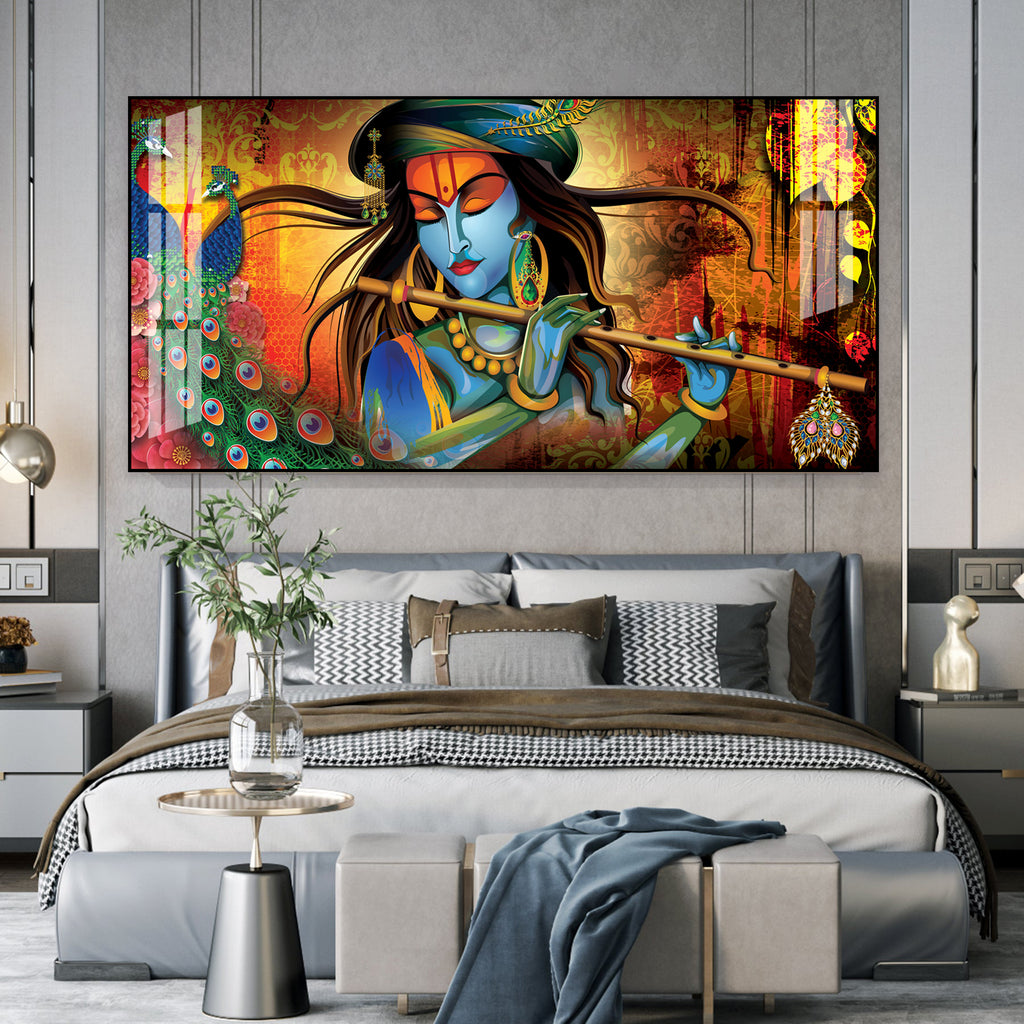 Spiritual Lord Krishna Acrylic Wall Art Canvas With Flute For Living Room Decor