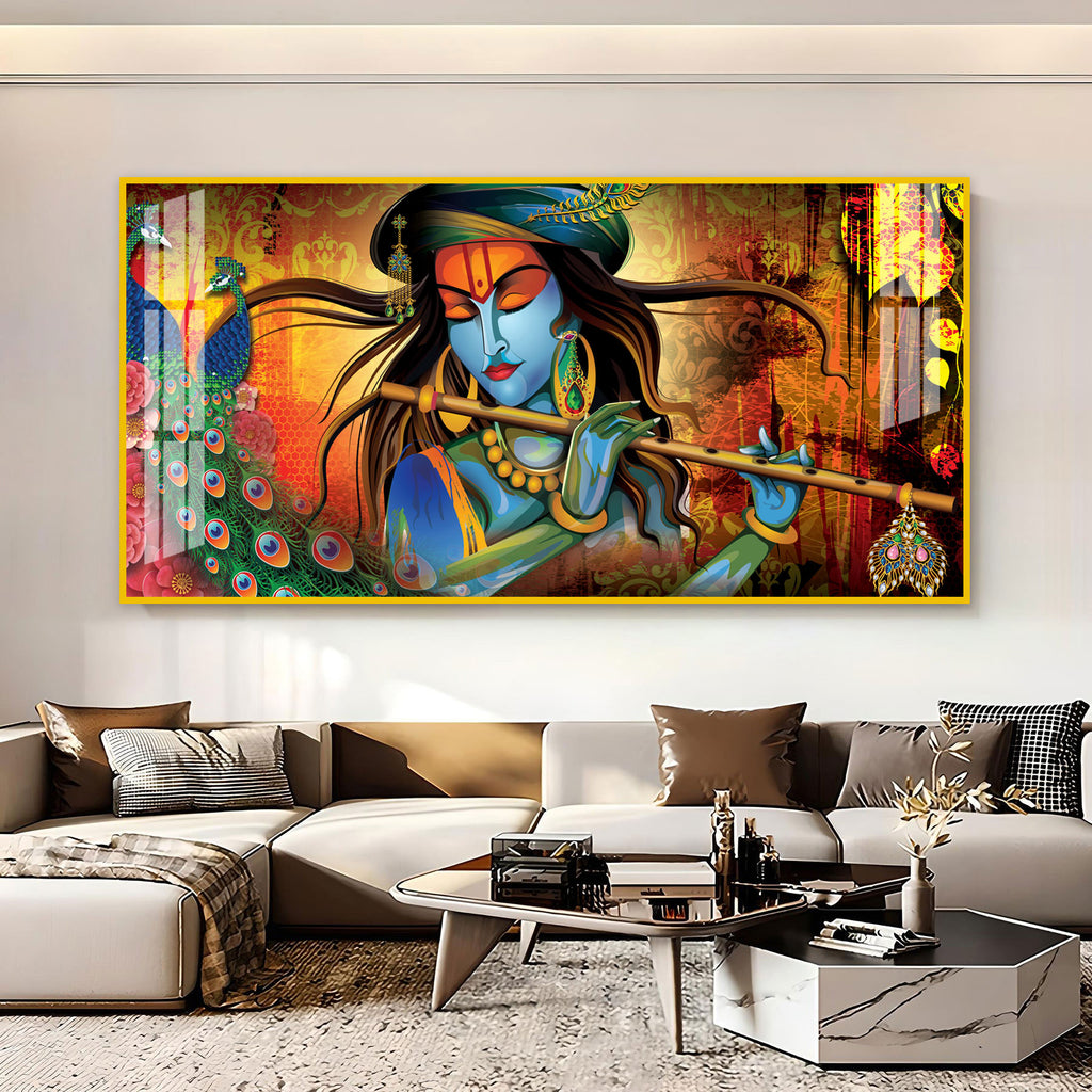 Spiritual Lord Krishna Acrylic Wall Art Canvas With Flute For Living Room Decor