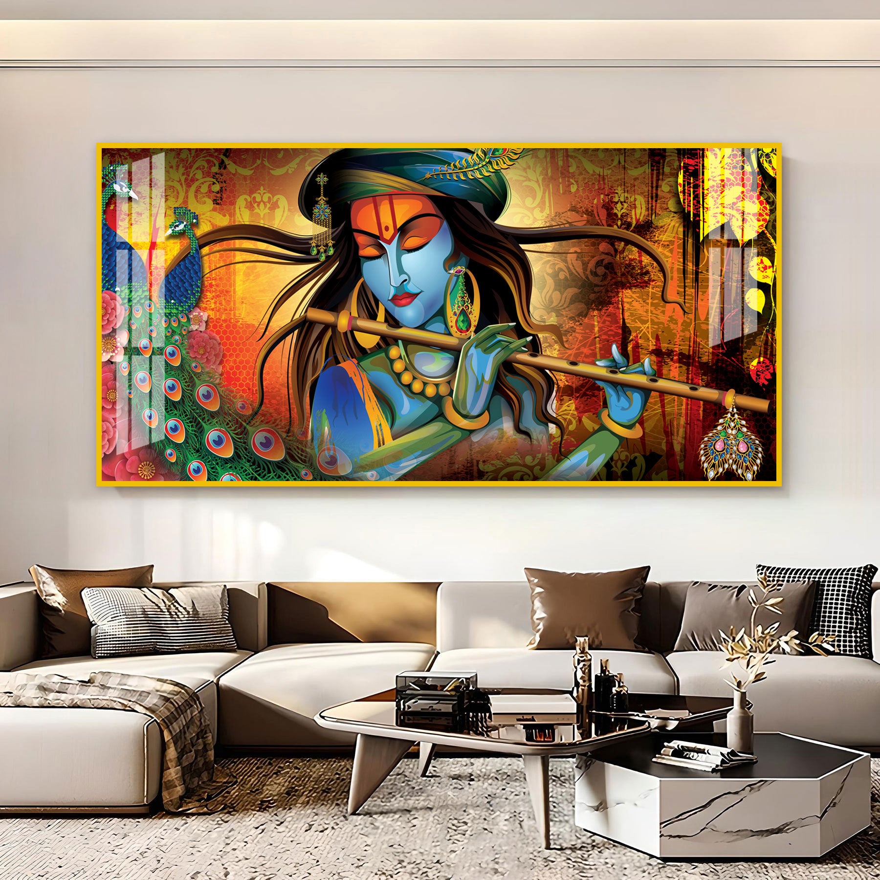 Spiritual Lord Krishna Acrylic Wall Art Canvas With Flute For Living Room Decor