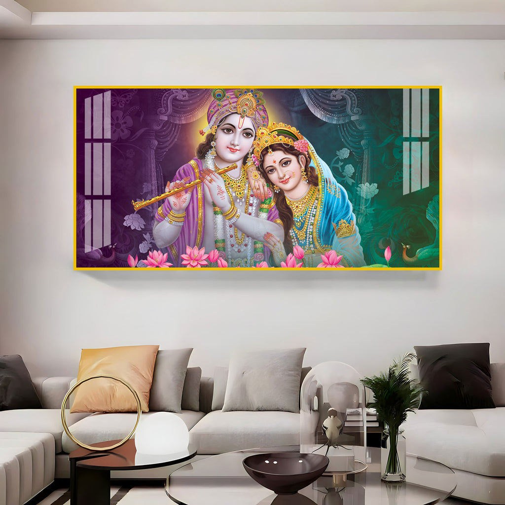 Colorful Radha Krishna Portrait Acrylic Wall Art Canvas For Elegant Interior