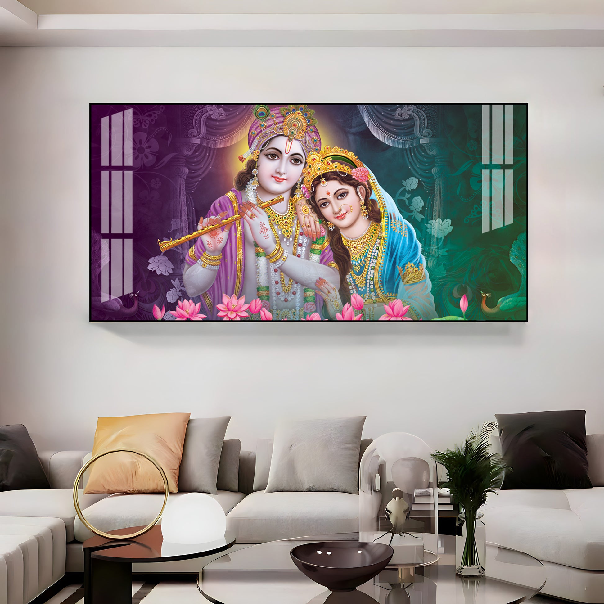 Colorful Radha Krishna Portrait Acrylic Wall Art Canvas For Elegant Interior