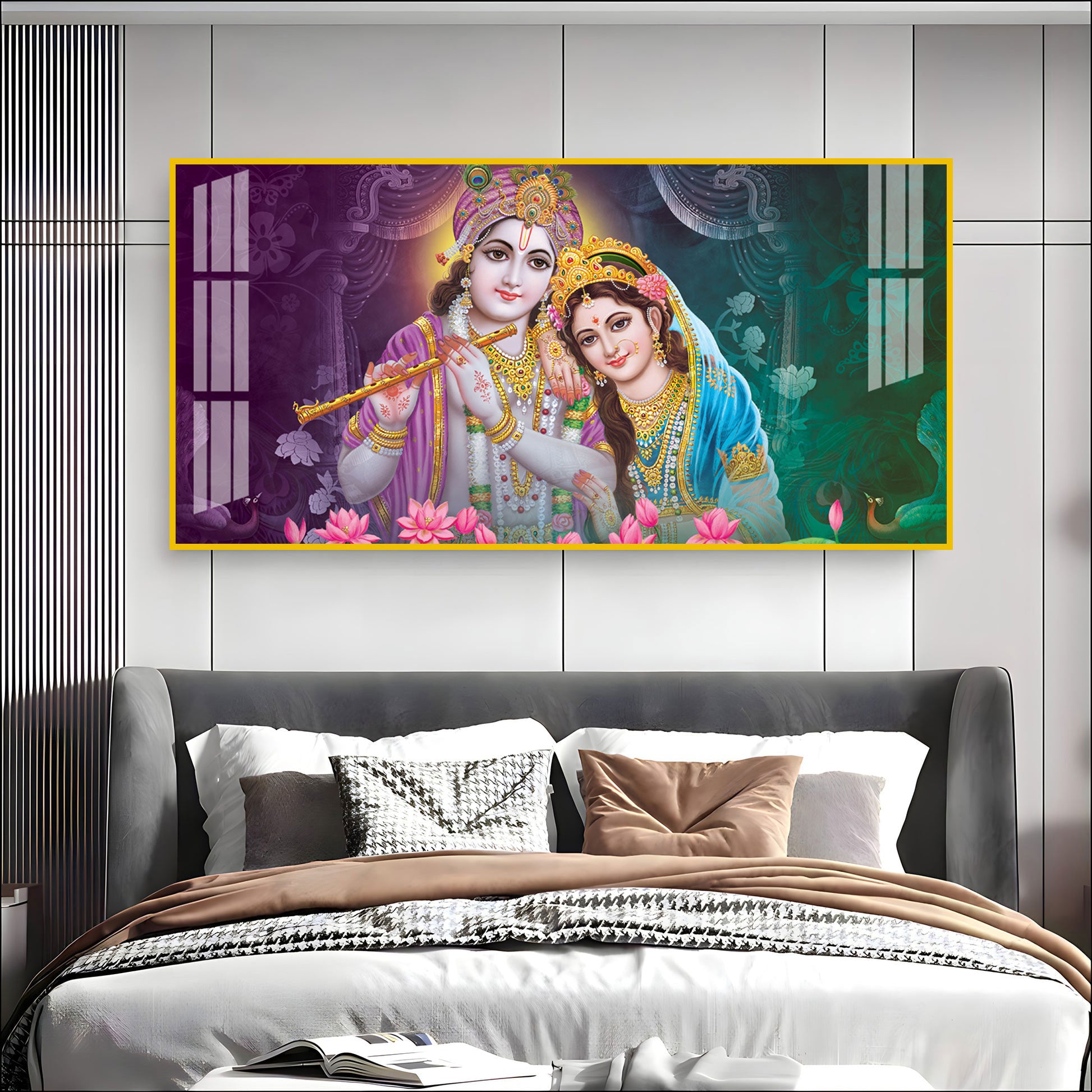 Colorful Radha Krishna Portrait Acrylic Wall Art Canvas For Elegant Interior