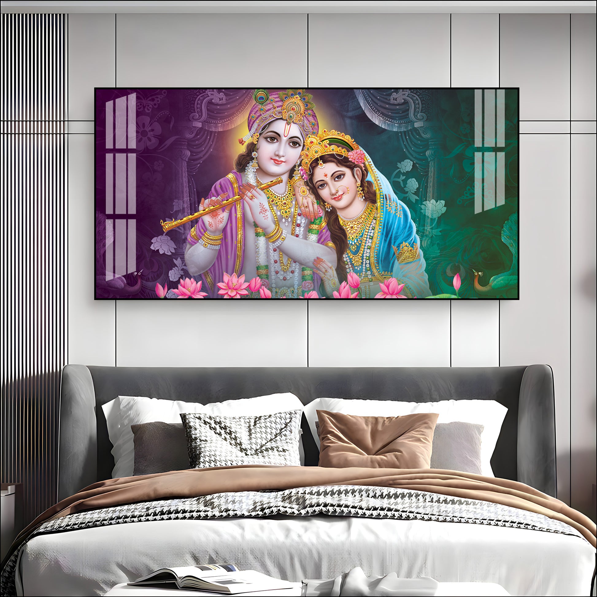 Colorful Radha Krishna Portrait Acrylic Wall Art Canvas For Elegant Interior