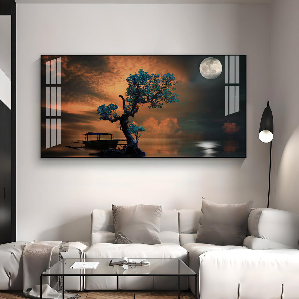 Peaceful Nature Landscape Acrylic Wall Art Canvas With Boat And Moonlight