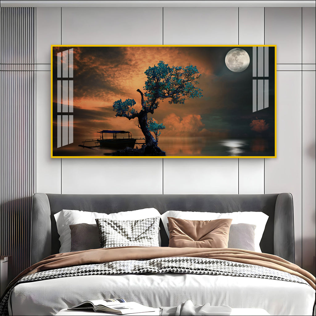 Peaceful Nature Landscape Acrylic Wall Art Canvas With Boat And Moonlight