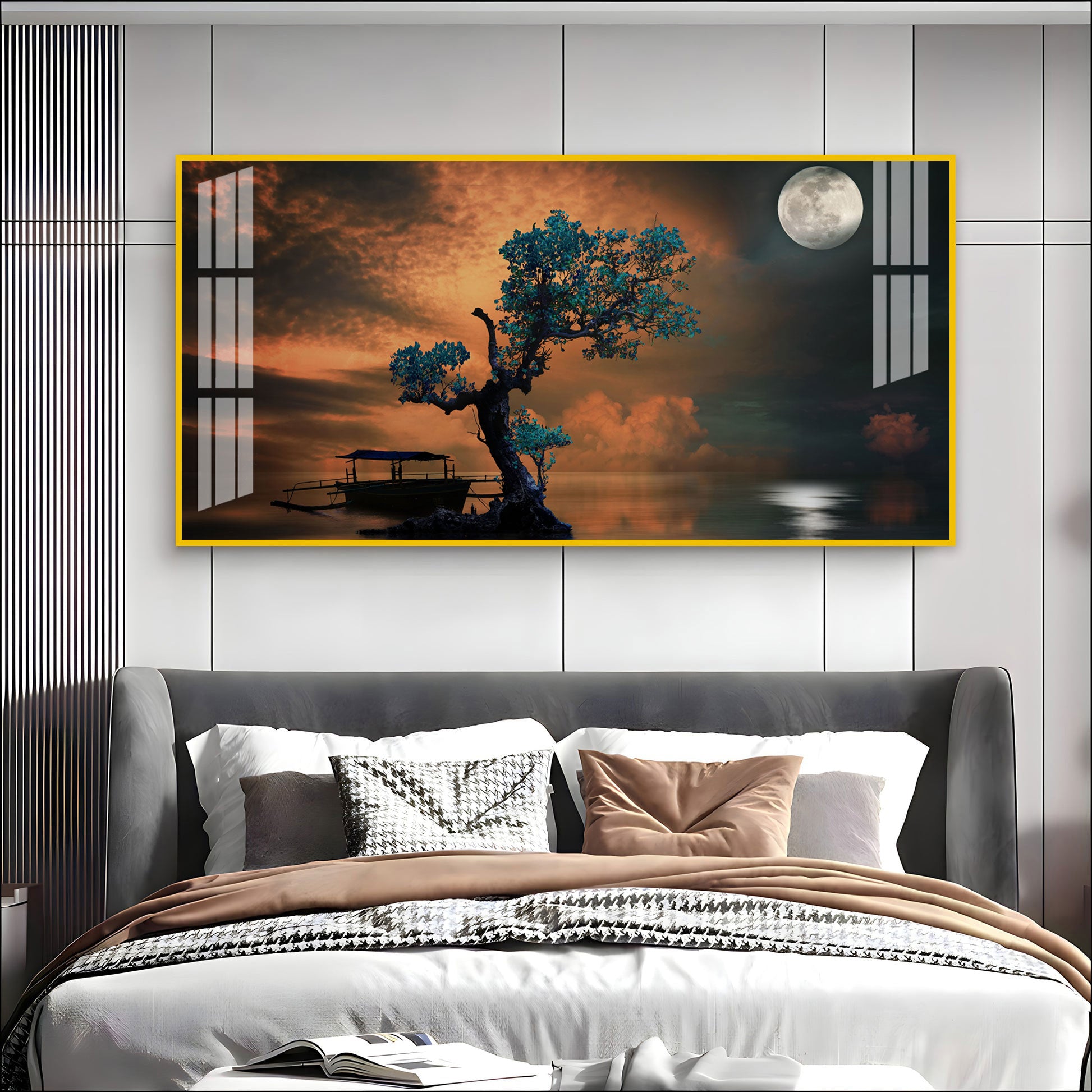 Peaceful Nature Landscape Acrylic Wall Art Canvas With Boat And Moonlight