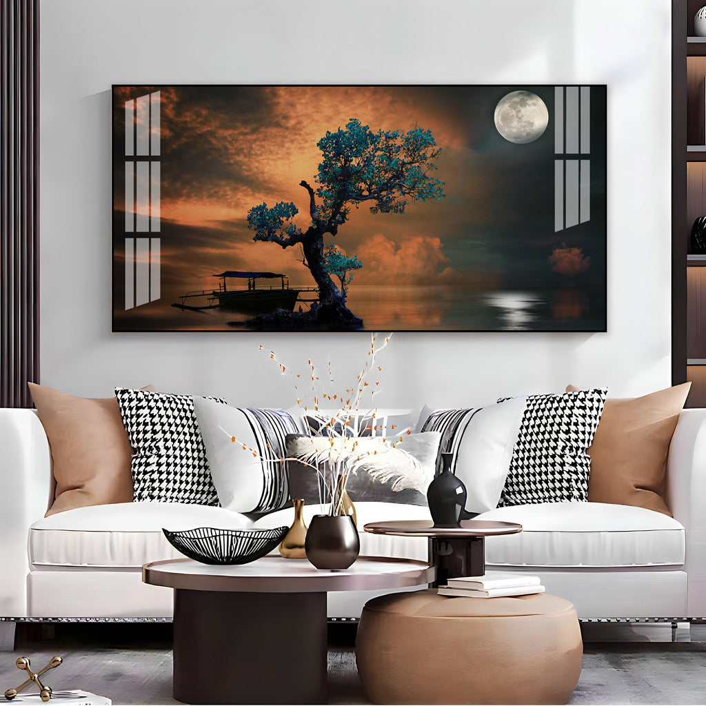 Peaceful Nature Landscape Acrylic Wall Art Canvas With Boat And Moonlight
