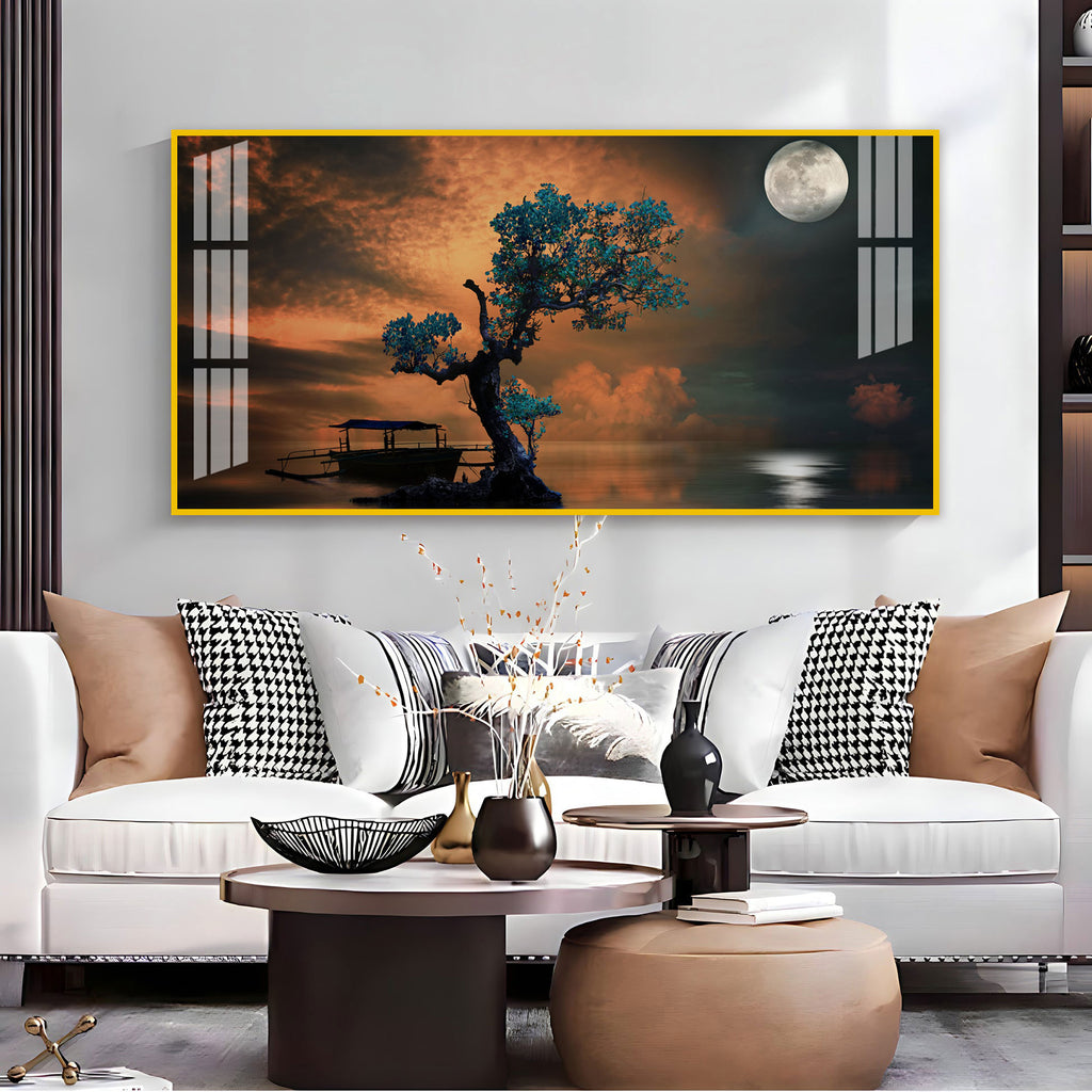 Peaceful Nature Landscape Acrylic Wall Art Canvas With Boat And Moonlight