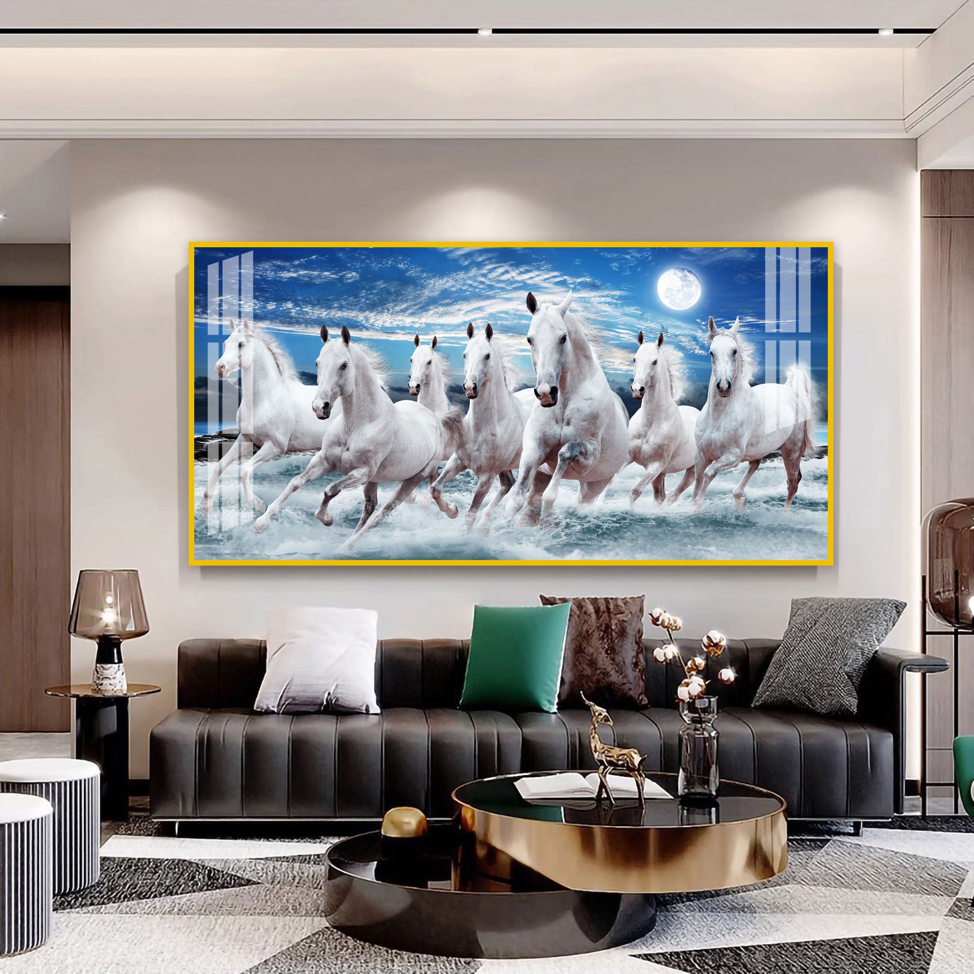 Premium Running Horses Ocean Scene Acrylic Wall Art With Moonlight For Stylish Home Interior Decor