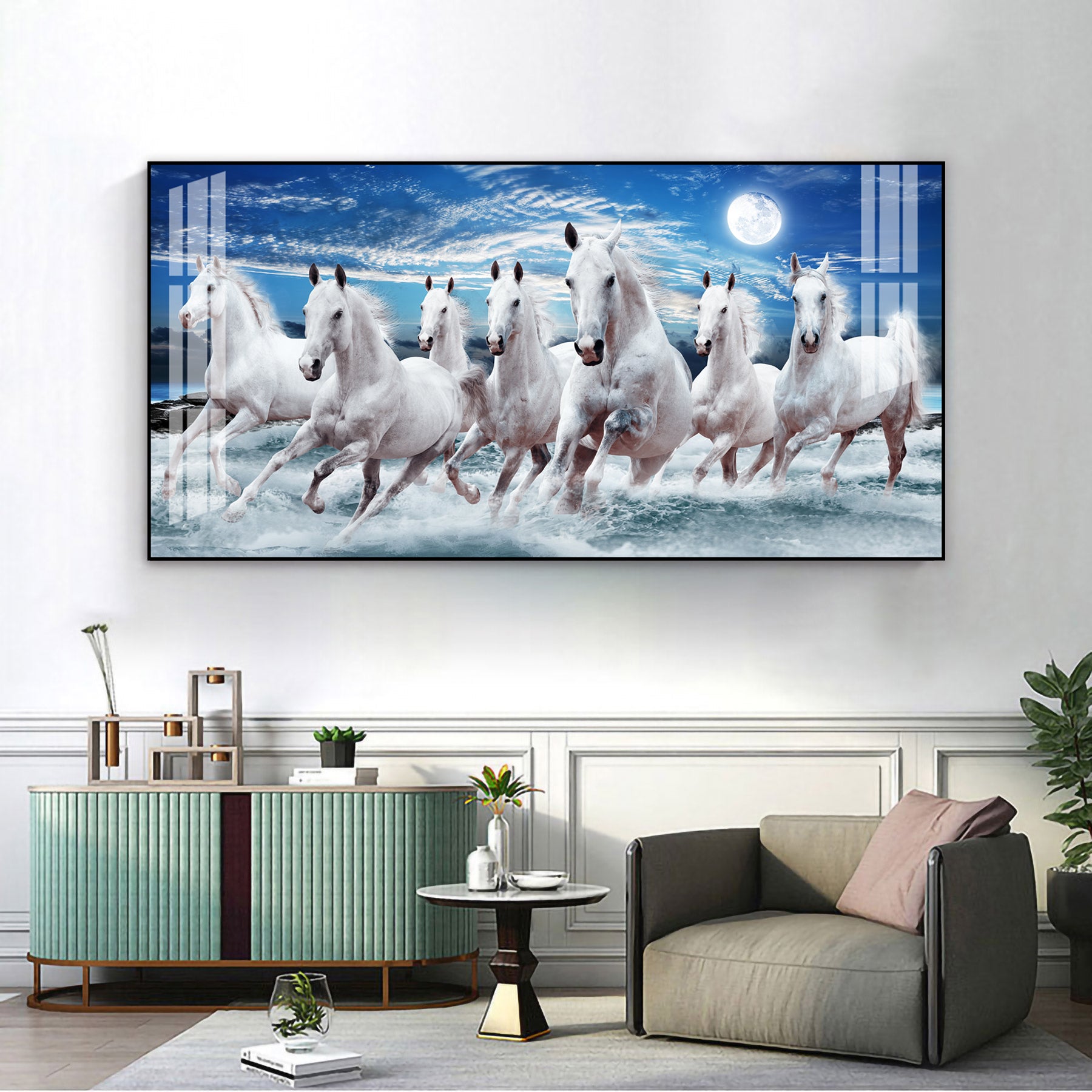 Premium Running Horses Ocean Scene Acrylic Wall Art With Moonlight For Stylish Home Interior Decor