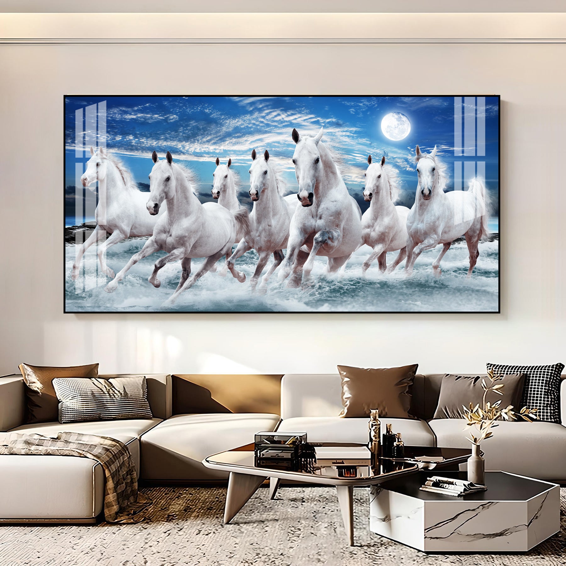 Premium Running Horses Ocean Scene Acrylic Wall Art With Moonlight For Stylish Home Interior Decor