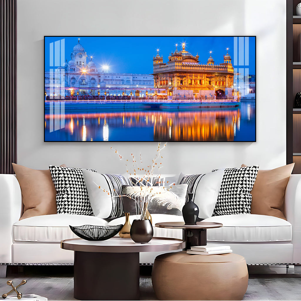 Calm Golden Temple Scene Acrylic Wall Art Canvas With Reflection And Evening Sky