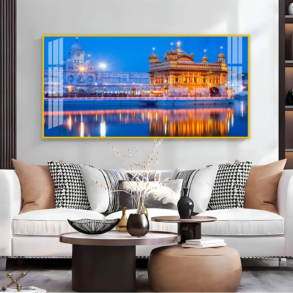Calm Golden Temple Scene Acrylic Wall Art Canvas With Reflection And Evening Sky
