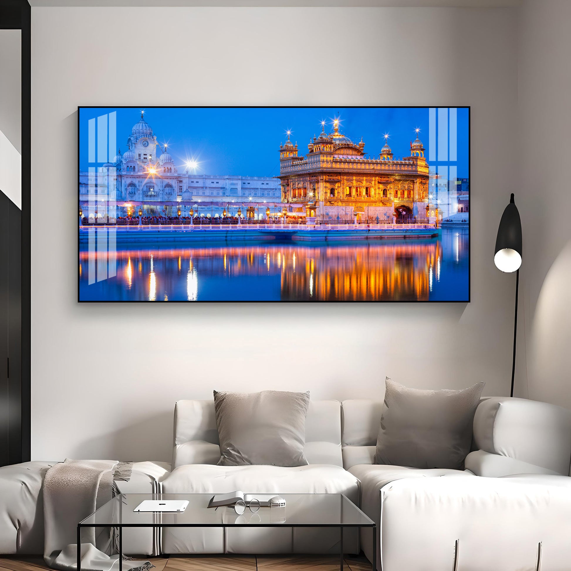 Calm Golden Temple Scene Acrylic Wall Art Canvas With Reflection And Evening Sky