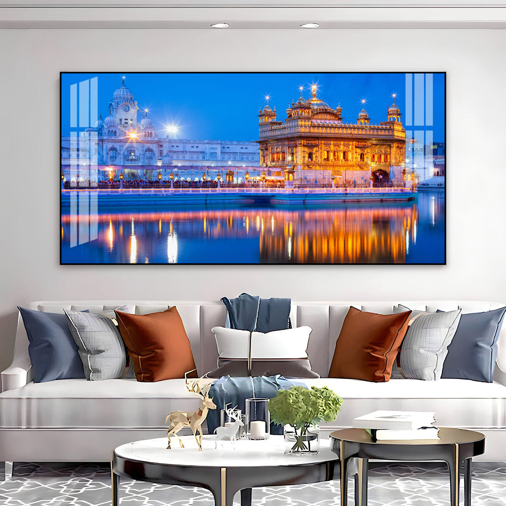 Calm Golden Temple Scene Acrylic Wall Art Canvas With Reflection And Evening Sky