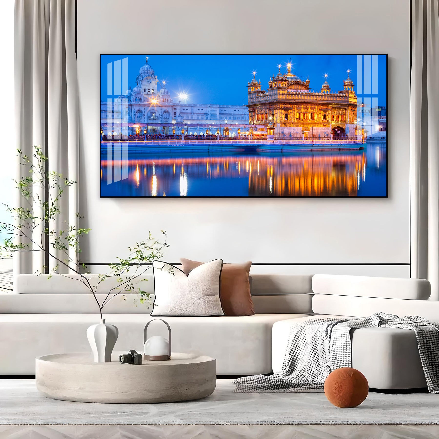 Calm Golden Temple Scene Acrylic Wall Art Canvas With Reflection And Evening Sky