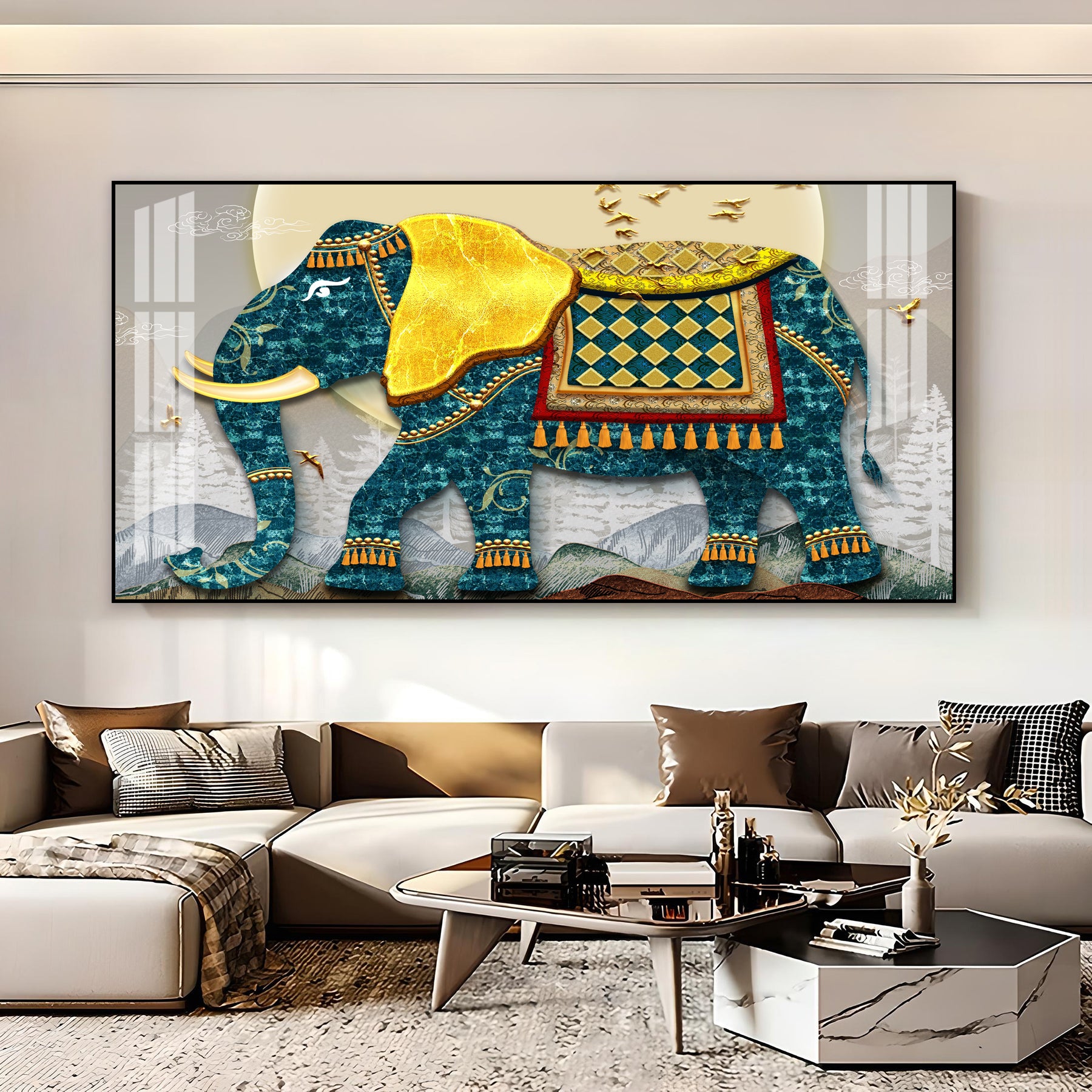 Serene Elephant Illustration Acrylic Wall Art Canvas With Artistic Pattern