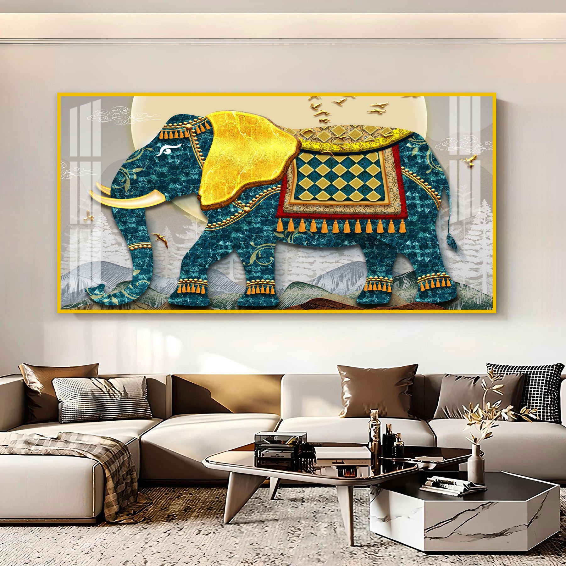Serene Elephant Illustration Acrylic Wall Art Canvas With Artistic Pattern